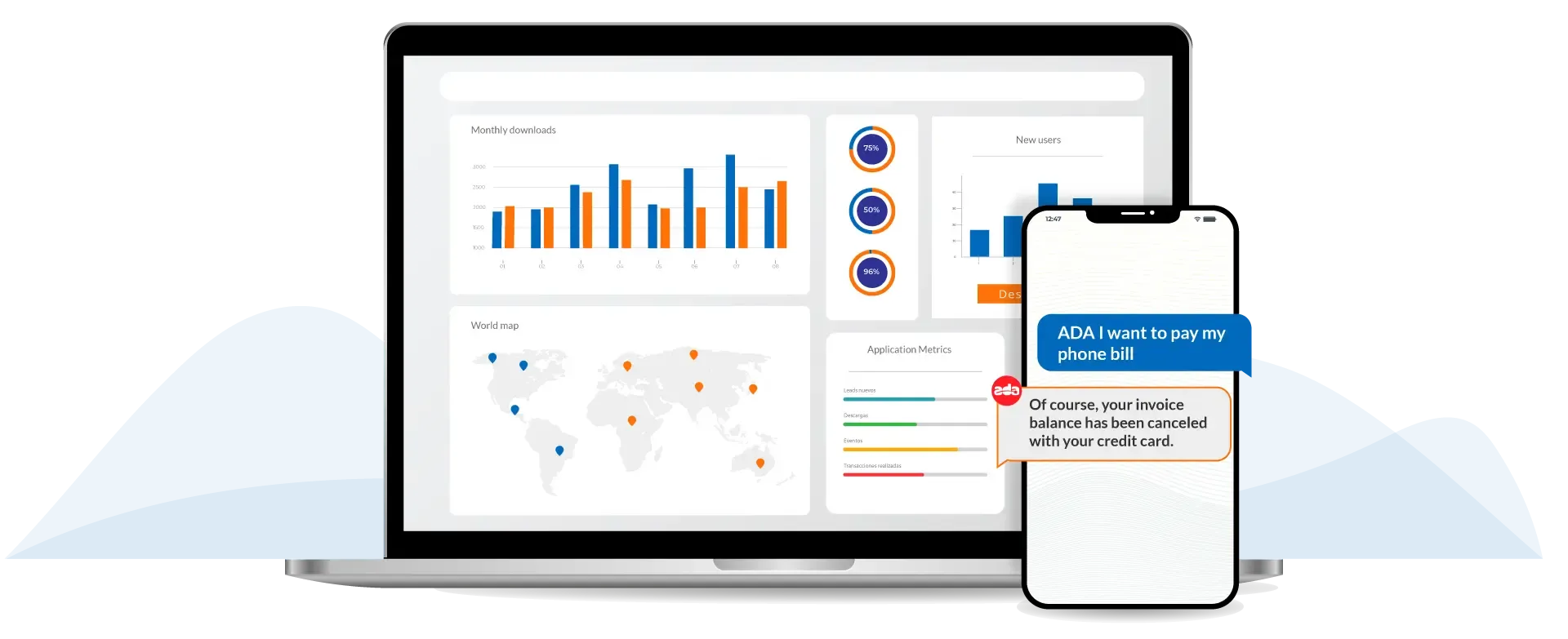 header_ada1 Laptop showing an analytics dashboard beside a phone with an ADA chat conversation